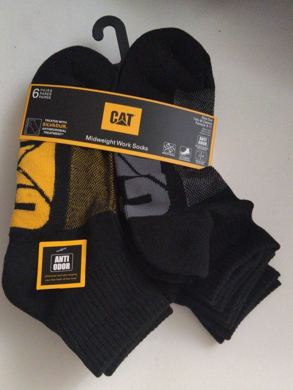 CAT Midweight Work Socks - Black with Yellow Accent 6-Pack New Size  8-12